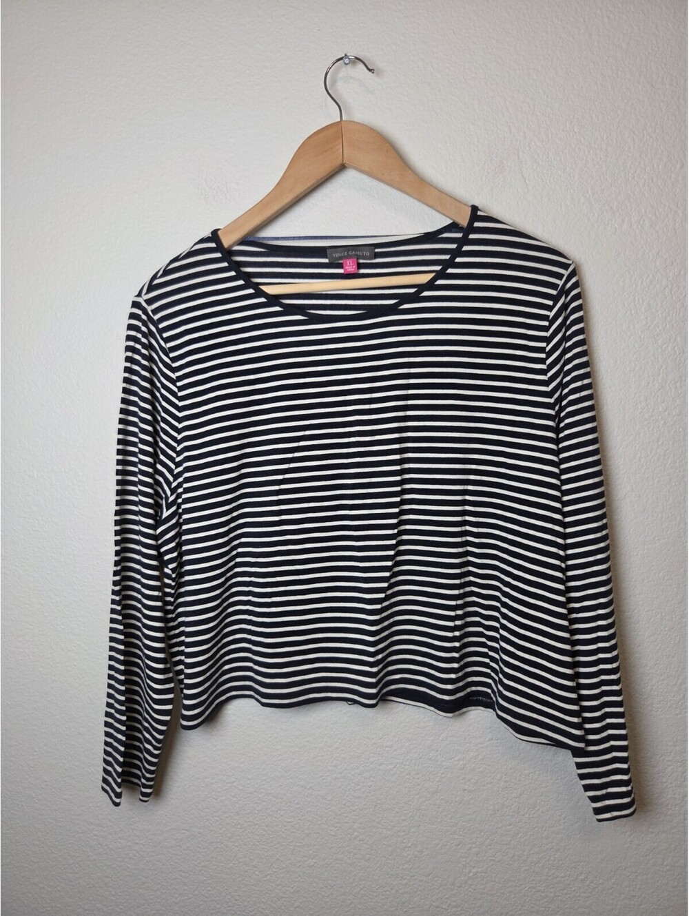 Vince Camuto Womens Striped V Neck Long Sleeve Top Soft Stretch Navy White XL
